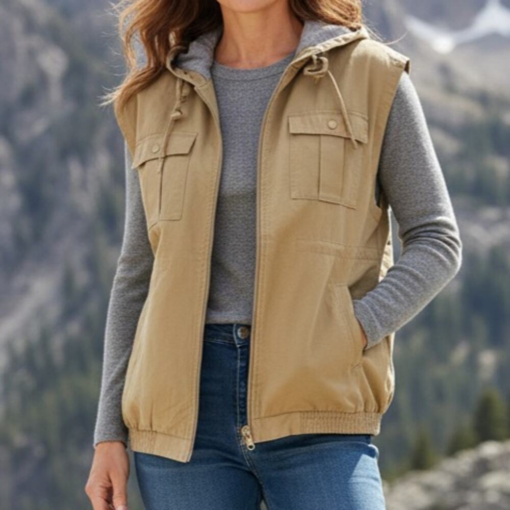 Offline by Aerie Utility Vest Khaki Full Zip 4 Pocket Hooded Women's Size S NWT